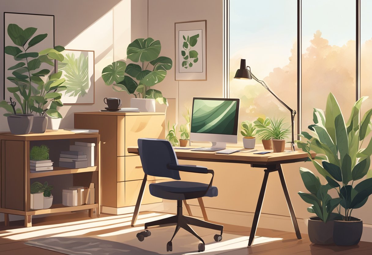 A bright and airy home office featuring a desk with a computer and a chair. along with some potted green plants.