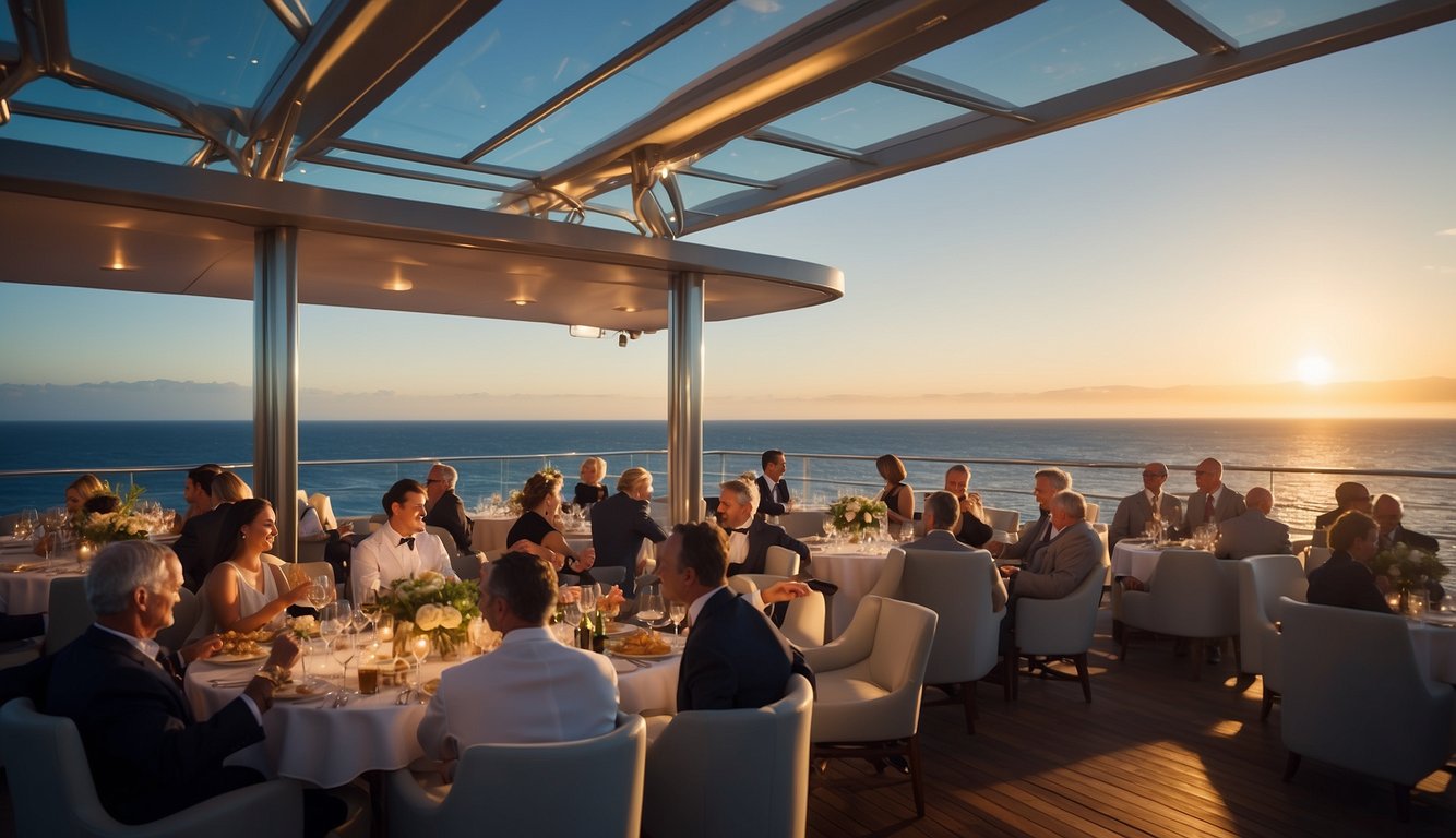 Passengers enjoy gourmet dining on the open deck, surrounded by panoramic ocean views. Live music and elegant decor create a luxurious atmosphere