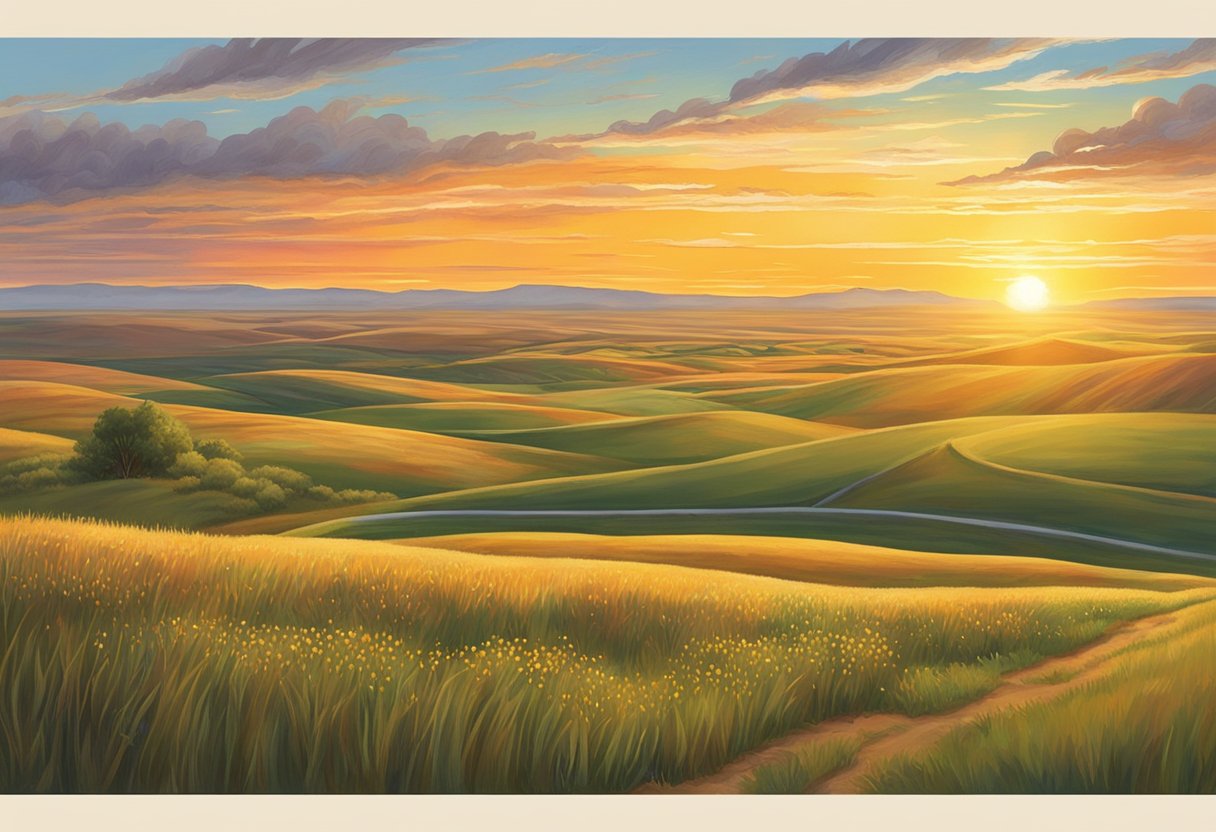 The sun sets over rolling plains, casting a warm glow on the vast landscape of North Dakota. A calendar shows peak and off-peak seasons