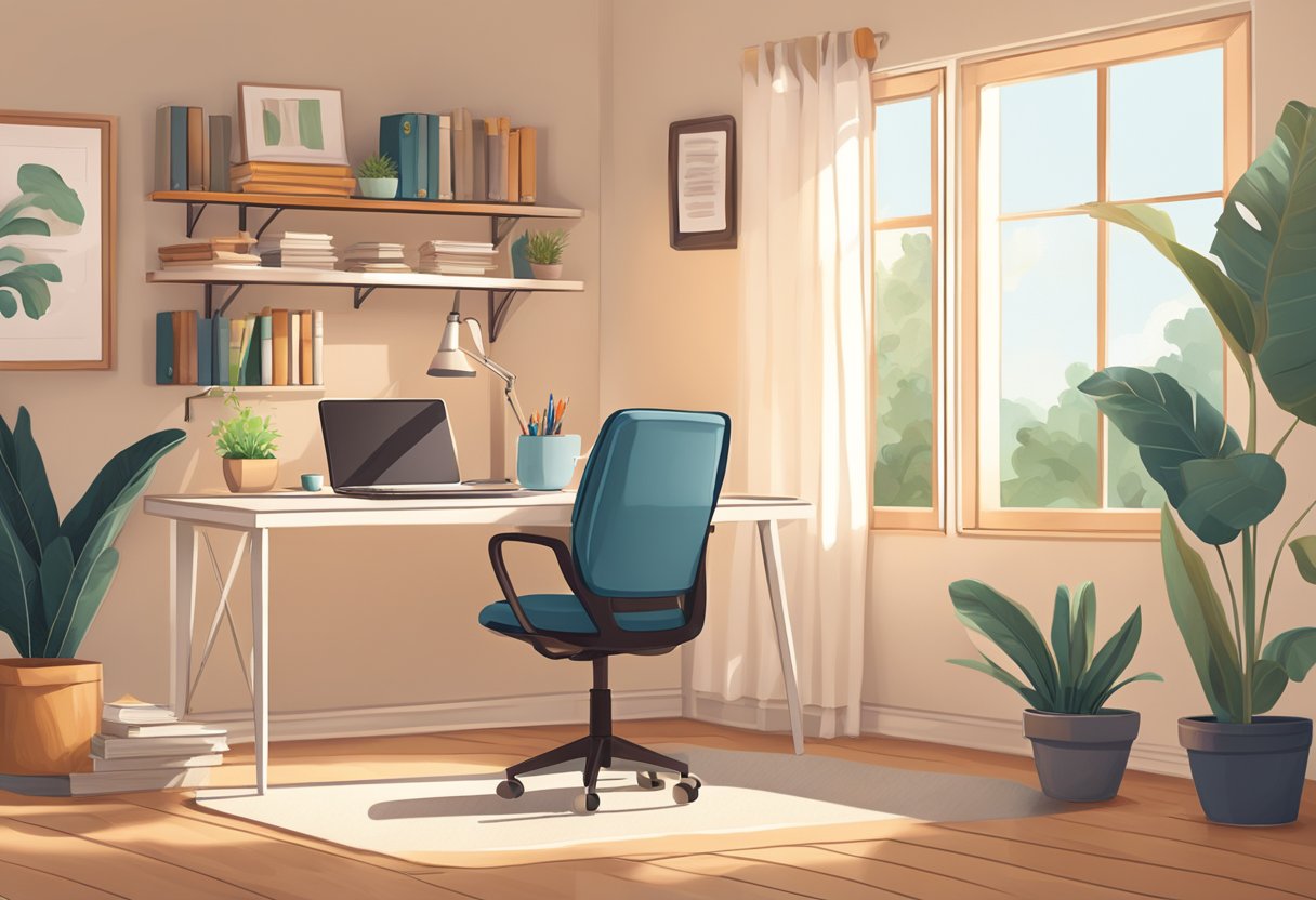 A home office desk with a computer and a comfortable chair in front of a window.