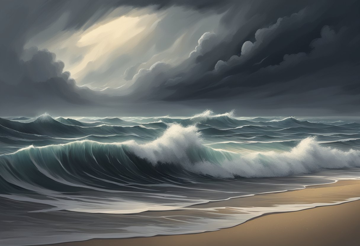 A stormy, dark sky looms over a deserted beach with crashing waves and strong winds, creating a sense of foreboding and unease