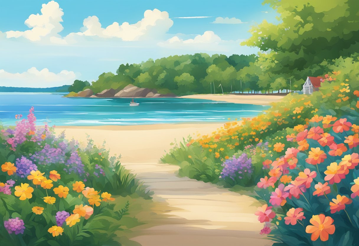 A sunny beach with clear blue skies and calm waters, surrounded by lush greenery and colorful flowers, representing the best time to visit Maryland