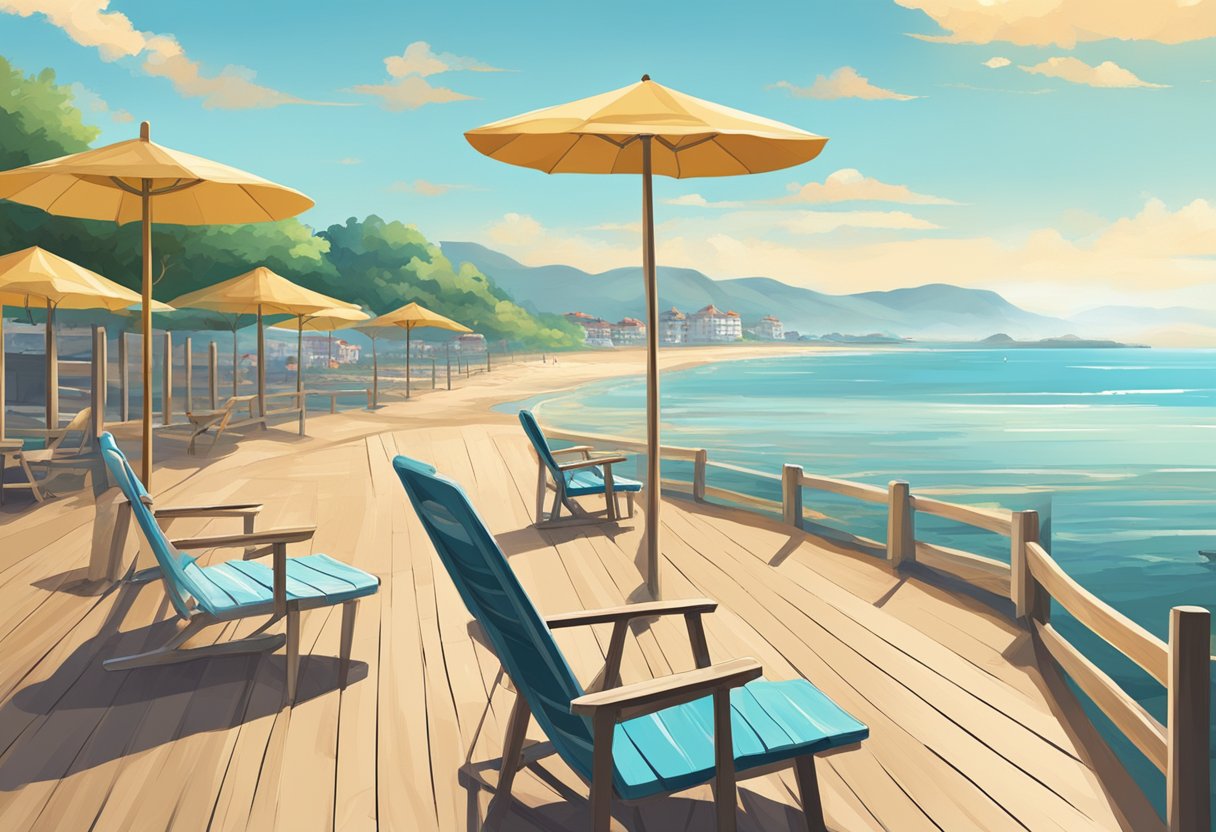 The scene shows a quiet beach with empty chairs and umbrellas, a deserted boardwalk, and a peaceful coastal town with few visitors