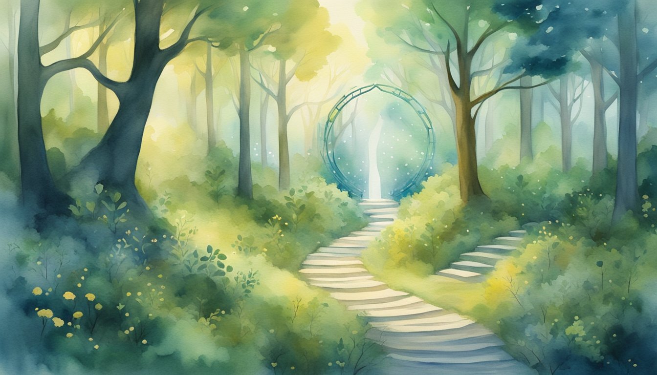 A serene forest with a winding path leading to a glowing, ethereal portal, surrounded by symbols of wisdom and enlightenment