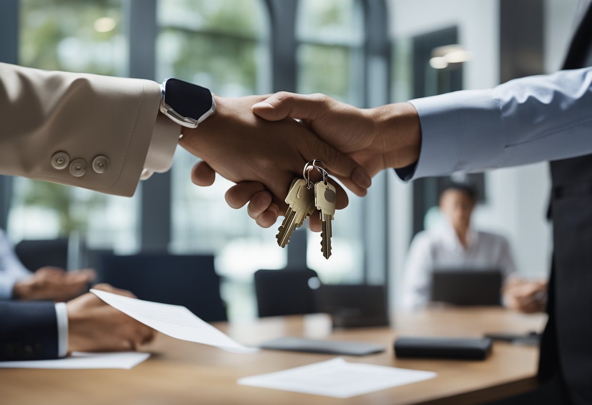 Property Law: Understanding Your Rights and Responsibilities 3 A handover of keys from one person to another, with a legal document being exchanged, symbolizing the transfer and control of property
