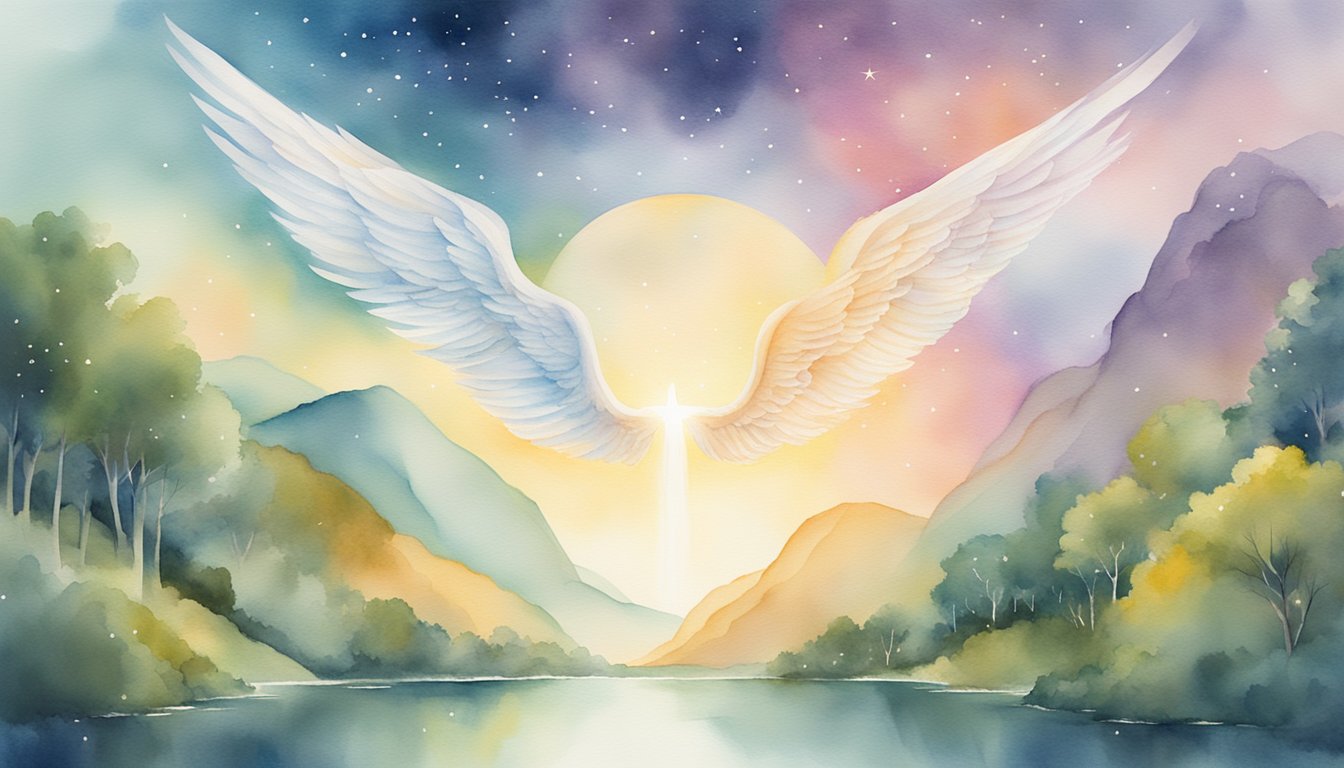 A glowing 1210 angel number hovers above a serene landscape, surrounded by celestial light and peaceful energy