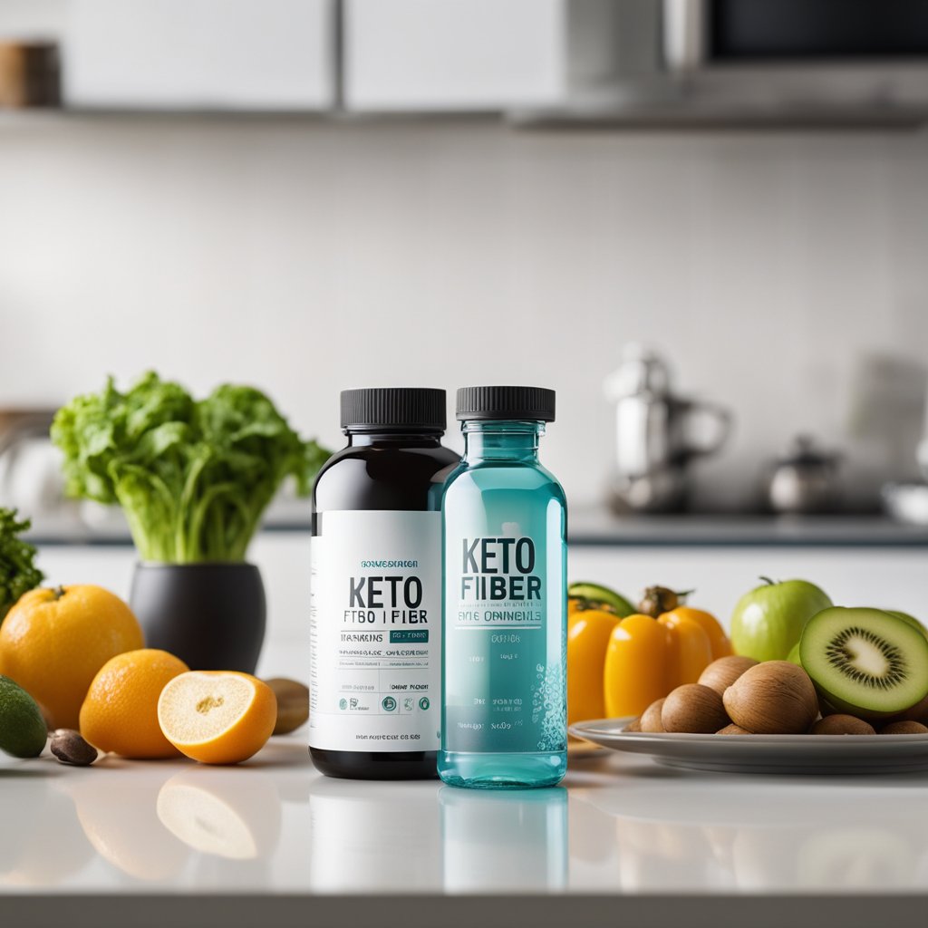 A bottle of keto fiber supplement sits on a clean, modern kitchen counter next to a glass of water and a plate of fresh fruits and vegetables