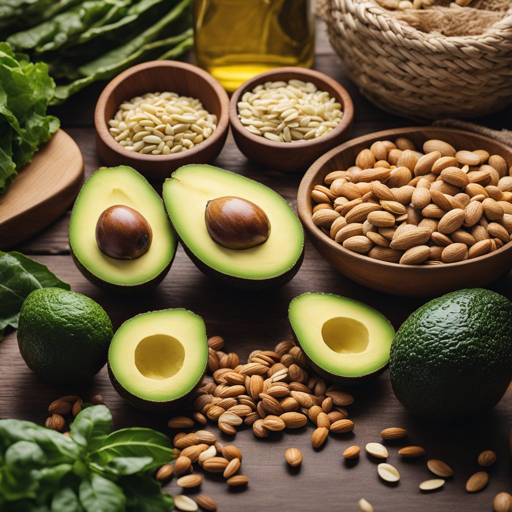A colorful array of high-fiber keto-friendly foods, such as avocados, nuts, seeds, and leafy greens, arranged on a wooden cutting board with a bottle of keto fiber supplement nearby