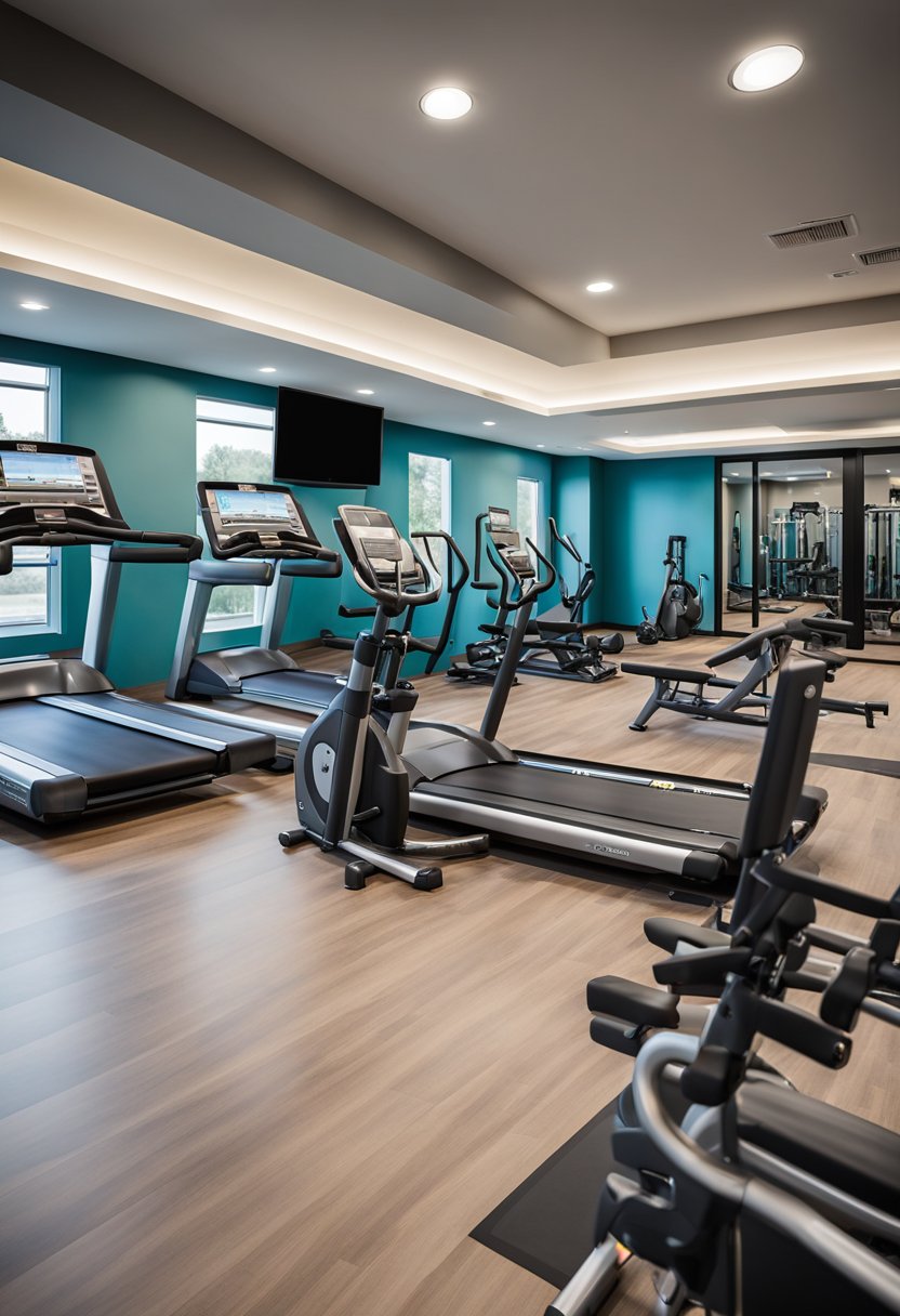 A spacious hotel gym at Homewood Suites by Hilton Waco, with modern equipment and large windows offering natural light