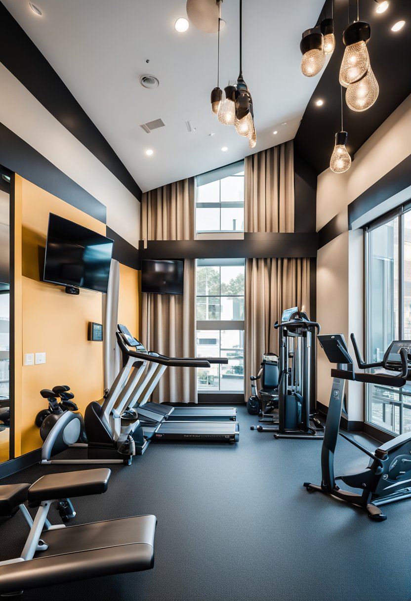 Hotel Indigo in Waco features a modern gym with state-of-the-art equipment, large windows, and vibrant decor