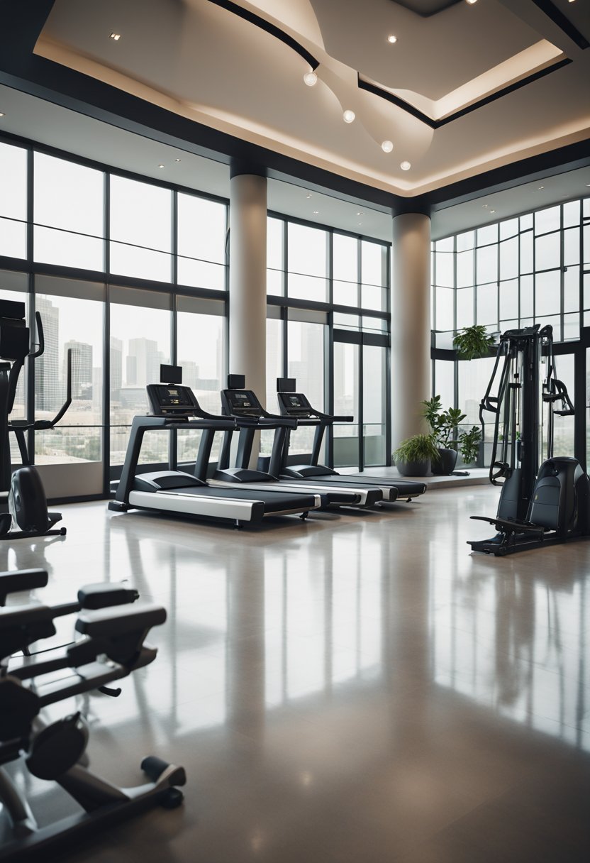 A modern hotel lobby with a sleek gym area, featuring exercise equipment and large windows letting in natural light