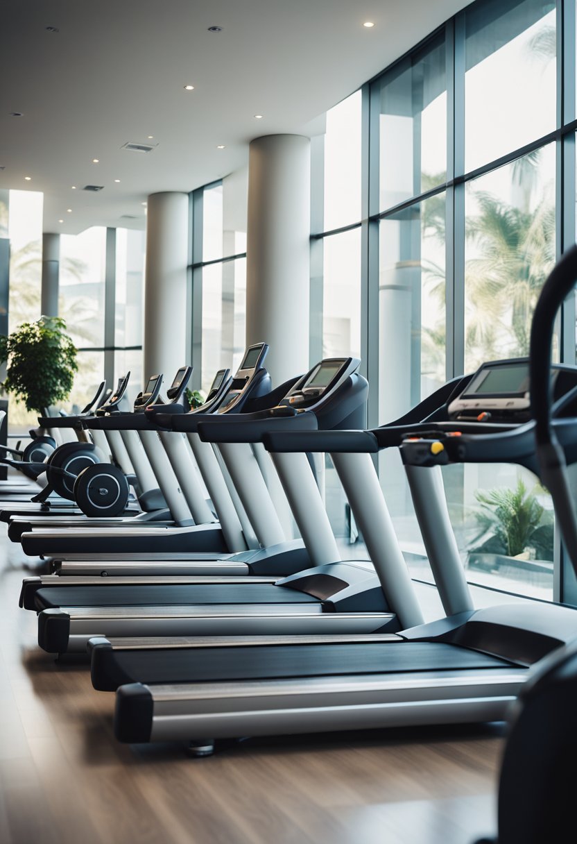 A modern hotel gym with treadmills, weights, and exercise equipment. Brightly lit space with large windows and a clean, organized layout