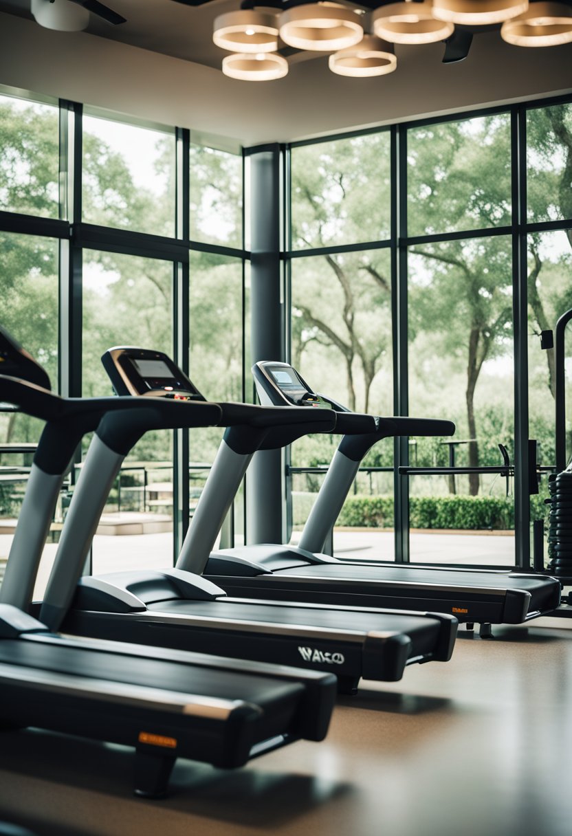 A hotel gym in Waco, equipped with treadmills, weights, and exercise machines, overlooks a sparkling swimming pool and lush greenery