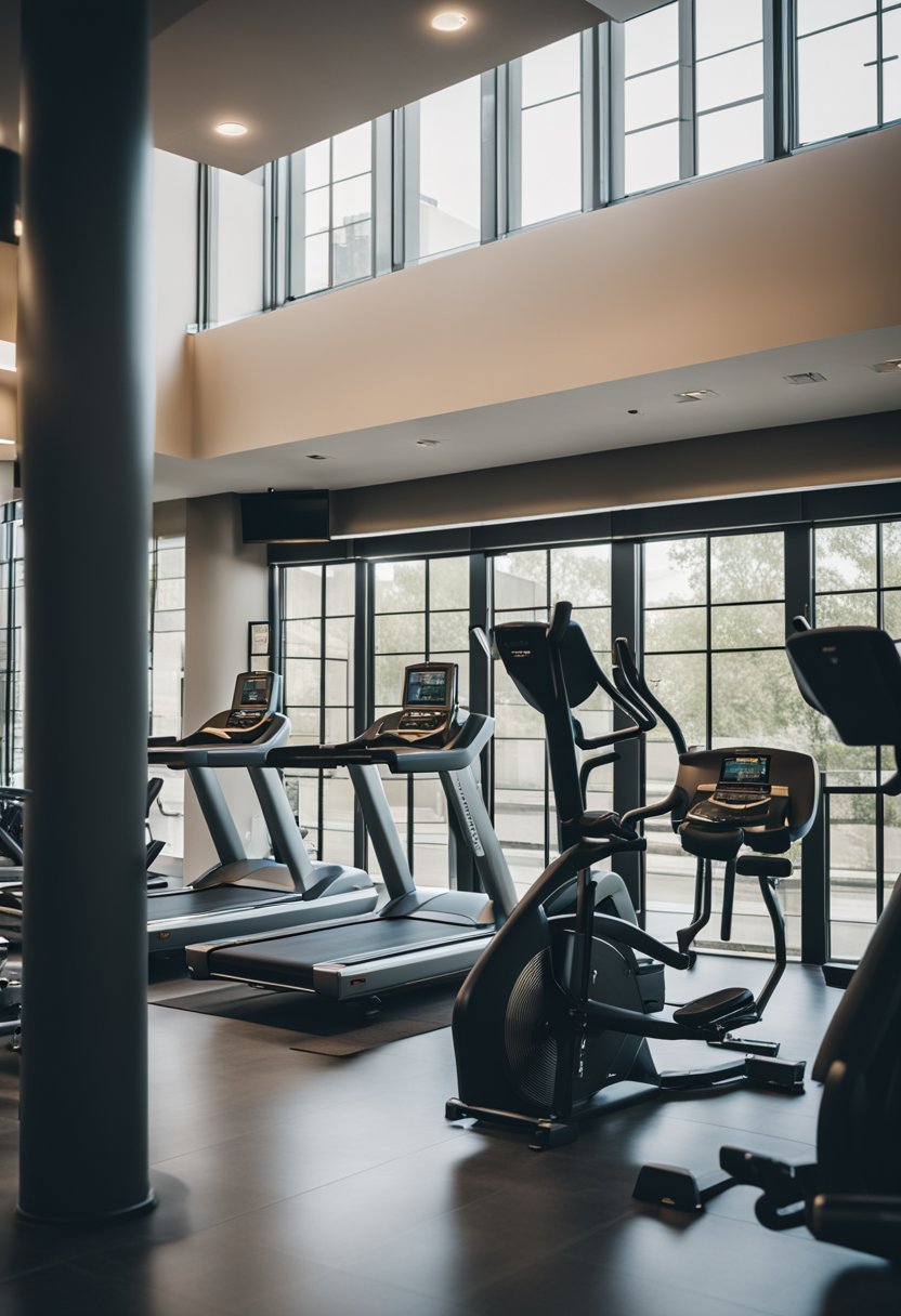 The hotel gym in Waco features modern exercise equipment and spacious workout areas with large windows for natural light
