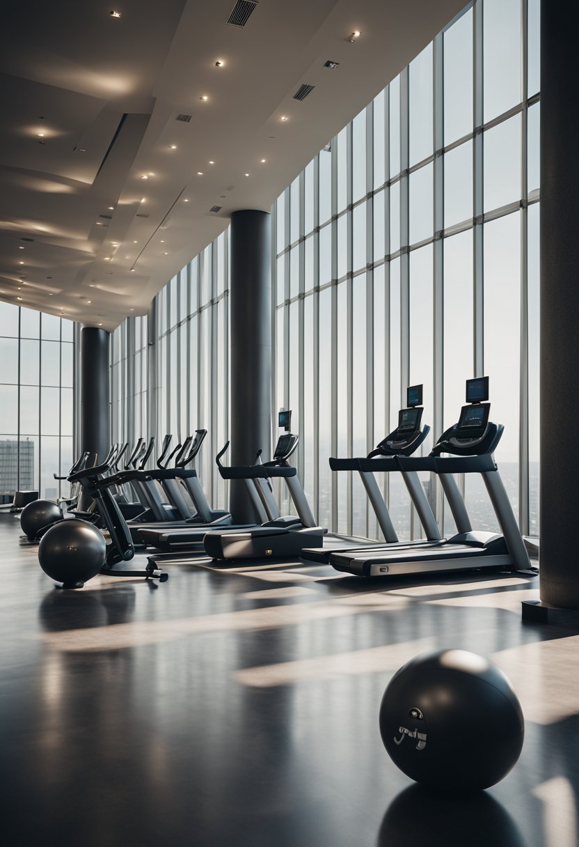 A hotel lobby with a sleek gym area featuring modern exercise equipment and large windows overlooking the city skyline