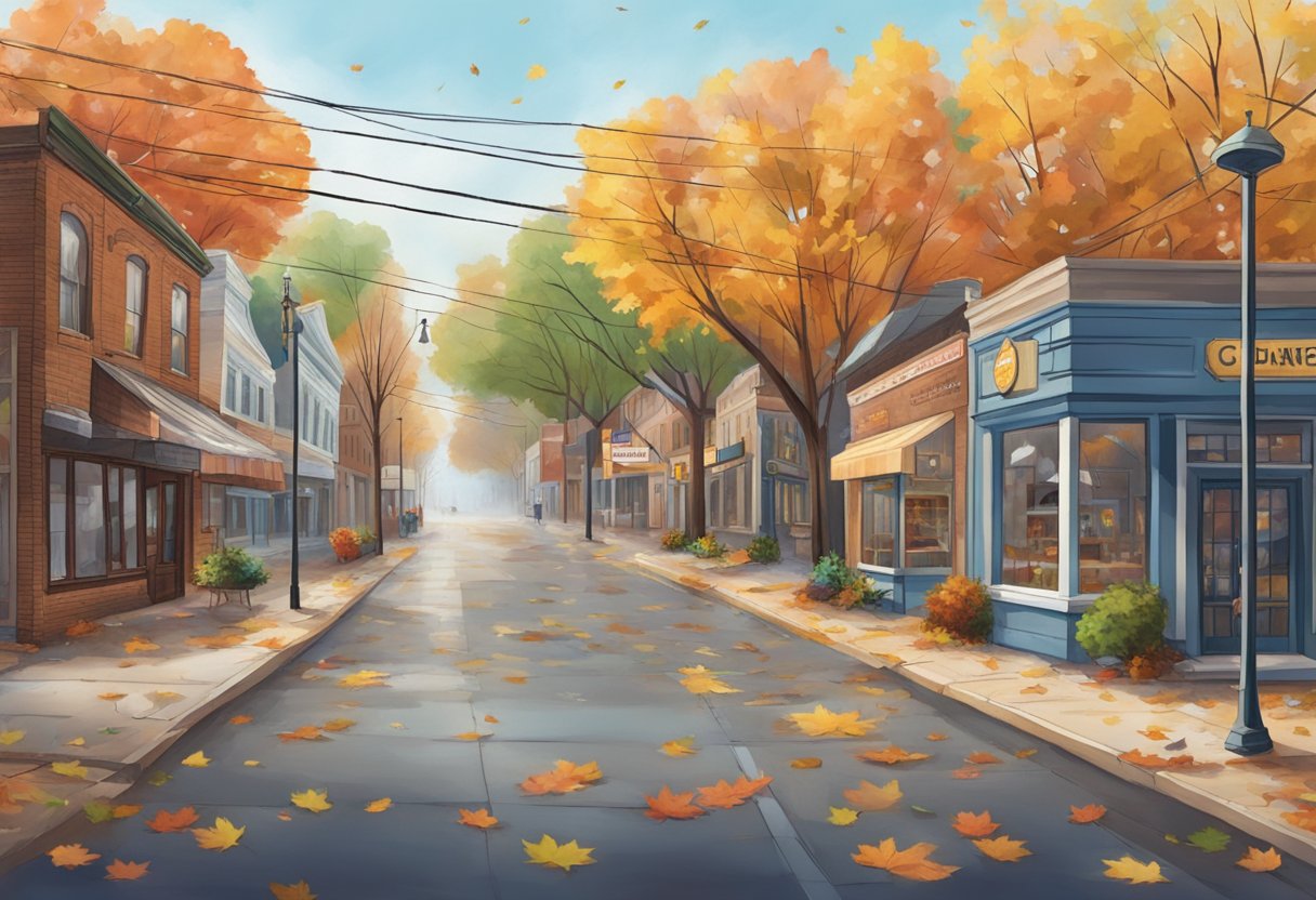 The scene shows a quiet Ohio town in off-season, with empty streets and closed shops. The weather is mild, with colorful leaves scattered on the ground