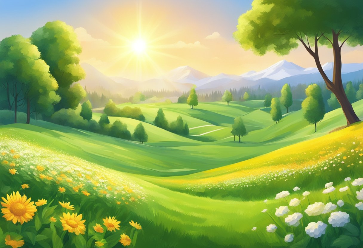 Sun shines on green fields, trees, and flowers. People enjoy outdoor activities. Heat waves shimmer in the air. Snow and ice are nowhere to be seen