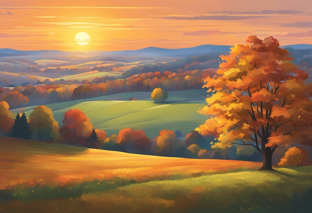 Sunrise over Ohio's rolling hills, with vibrant autumn foliage. Sunset casting a warm glow on the city skyline