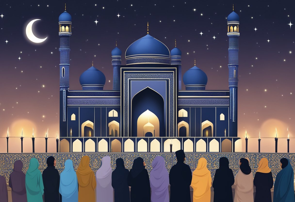 Shab-e-Barat scene: moonlit night, mosque silhouette, people praying, candles lit, peaceful atmosphere. Multan, 2024