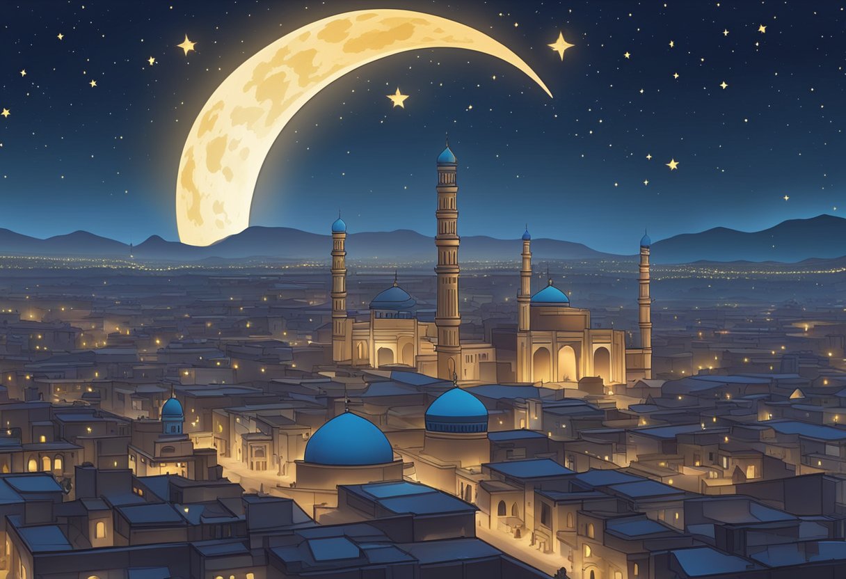 The night sky over Multan in 2024, with a crescent moon and stars shining brightly, indicating the arrival of Shab-e-Barat