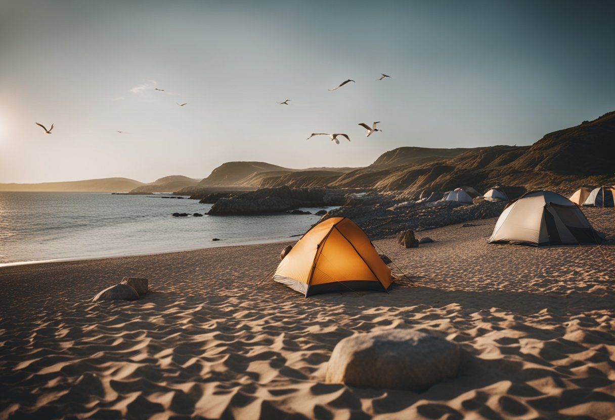 CCamping sul mare is nestled on the shore, with a crackling fire and cozy tents. The sound of waves and seagulls fills the air