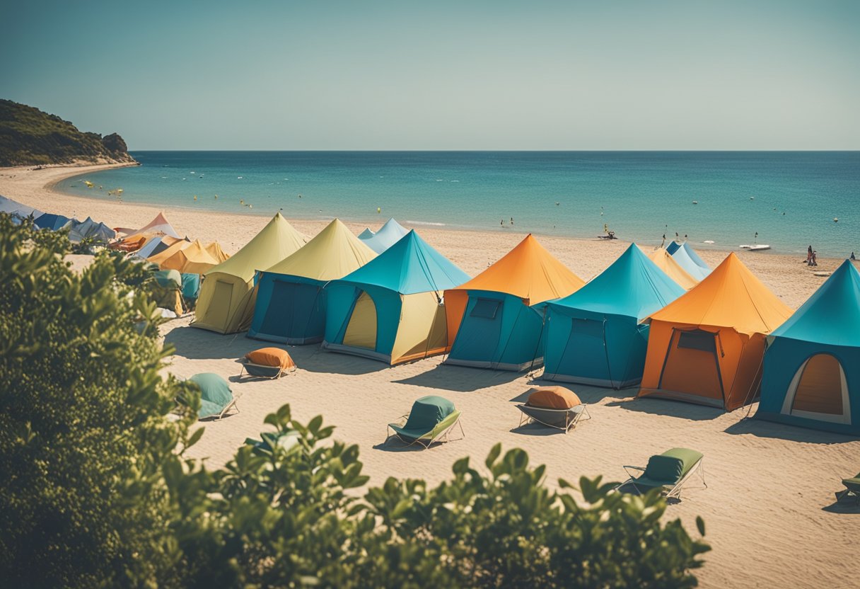 Camping sul mare A serene beach with colorful tents nestled along the shore, surrounded by calm waters and a clear blue sky