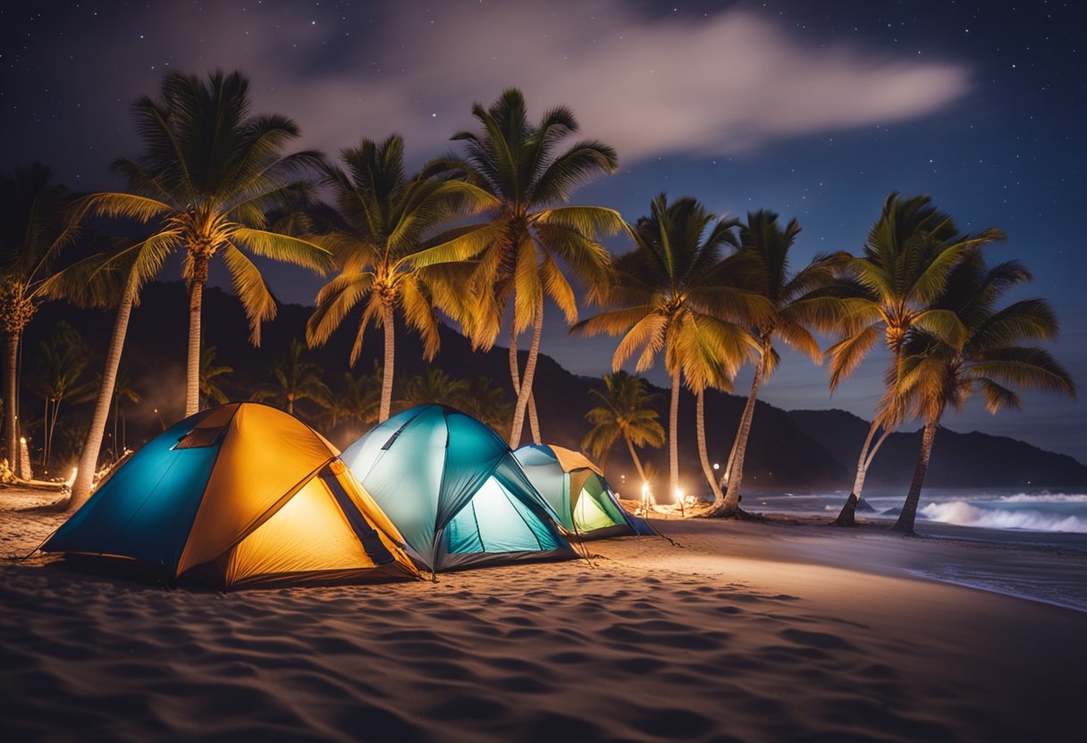 Camping sul mare A serene beachside campsite with colorful tents and bonfire under the starry night sky. Waves gently roll onto the shore as palm trees sway in the breeze