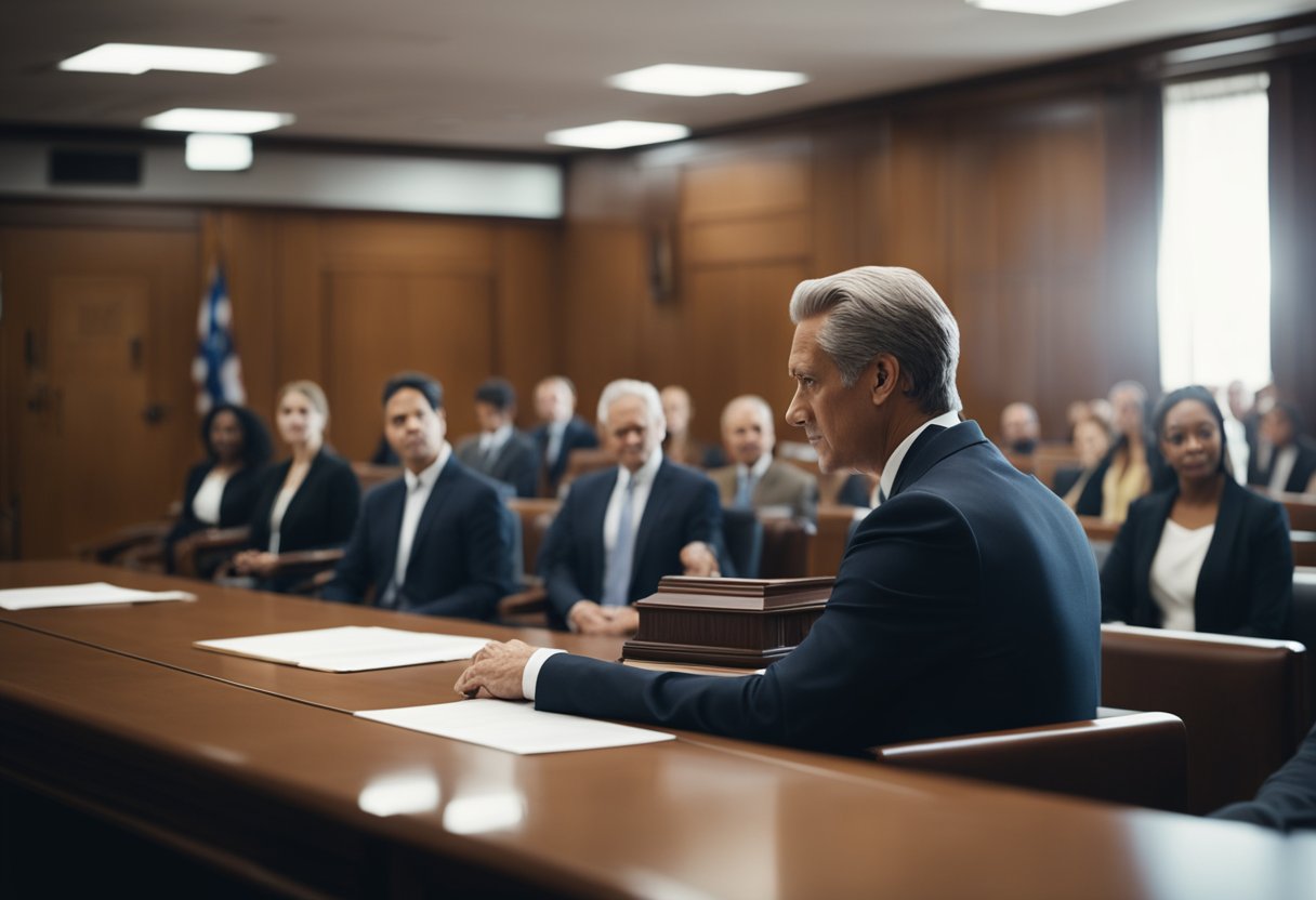 A courtroom scene with a lawyer presenting evidence, a judge presiding, and clients seeking compensation for injuries
