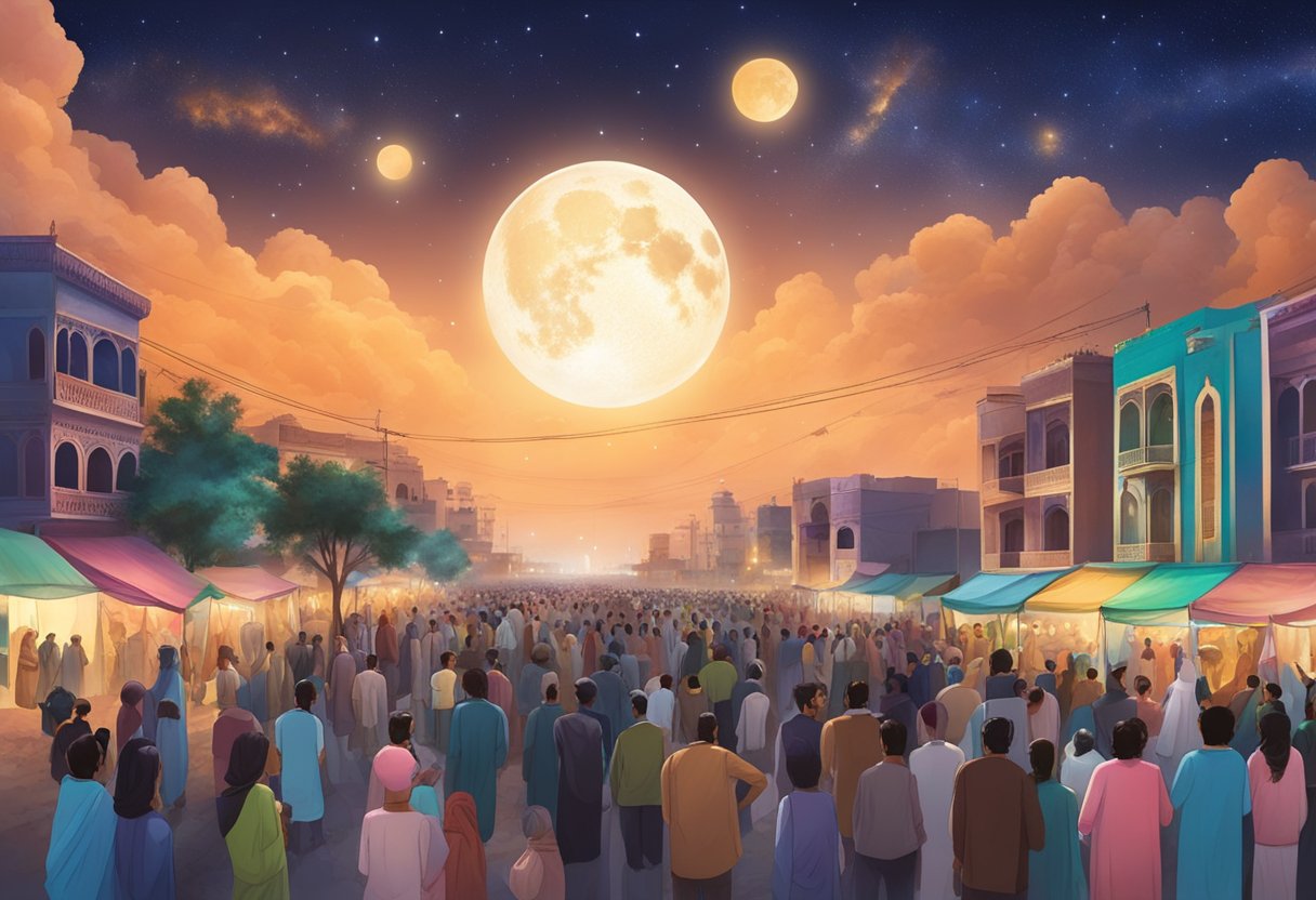 The night sky over Karachi in 2024, with the moon shining brightly, and people gathering for Shab-e-Barat festivities