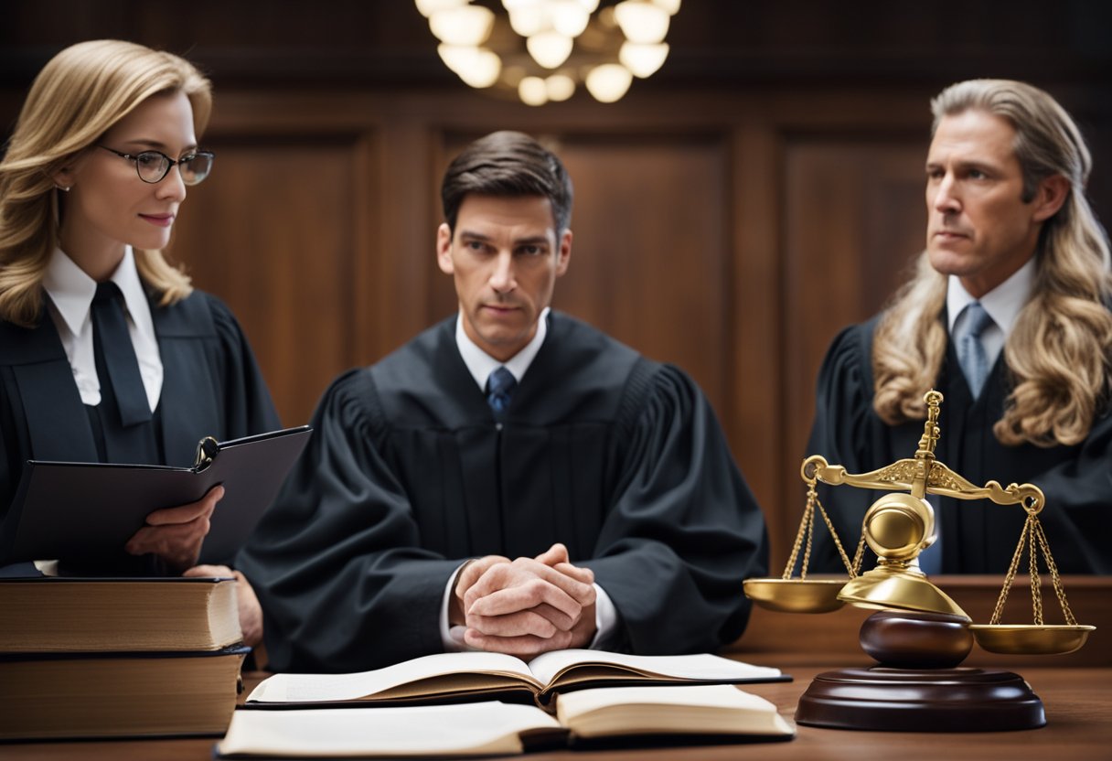 A courtroom scene with a judge, lawyer, and client discussing personal injury law. Books, legal documents, and a scale of justice are visible