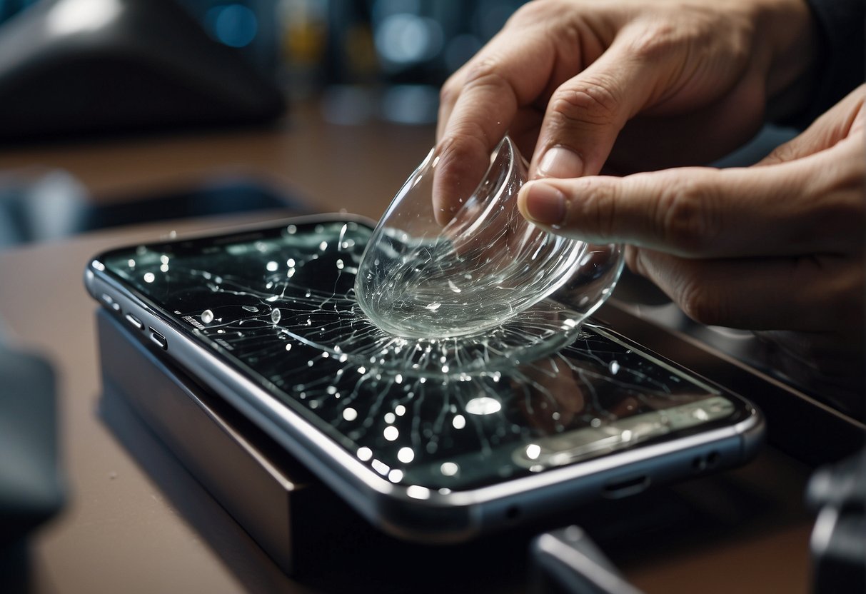 A technician carefully removes the cracked glass from the phone, cleans the surface, applies adhesive, and carefully places the new glass onto the screen