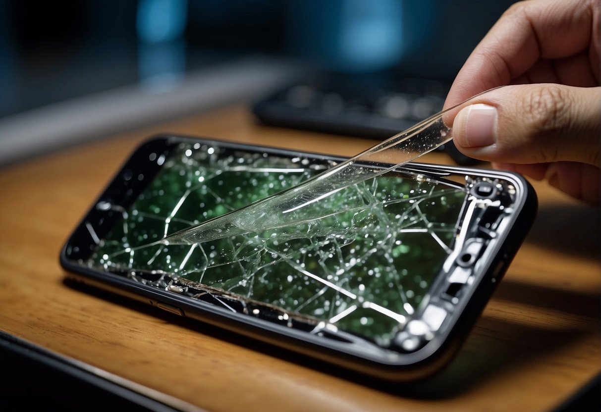 A technician carefully removes the damaged glass from a cellphone, evaluating the model and extent of the damage before proceeding with the replacement process