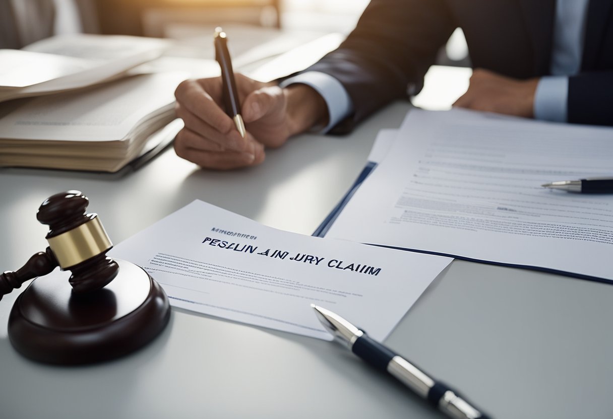 A person signs papers at a law office. A lawyer explains the personal injury claim process. An insurance company logo is visible on the desk