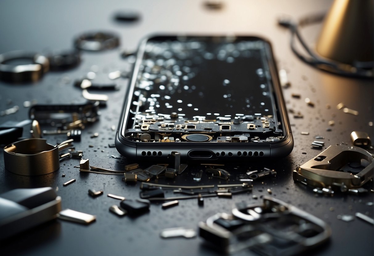 A damaged phone screen is removed, revealing the interior components