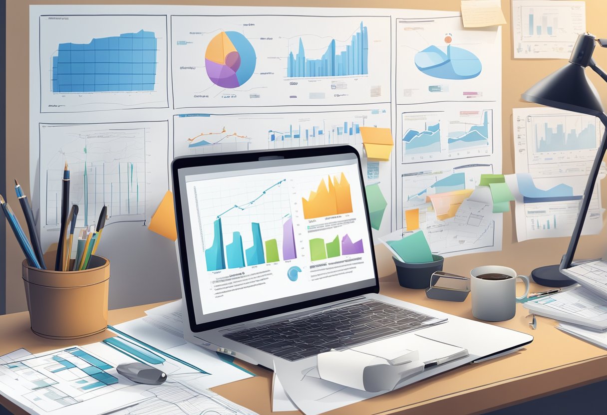 A cluttered desk with a laptop, smartphone, and papers. A whiteboard with IT diagrams and charts in the background