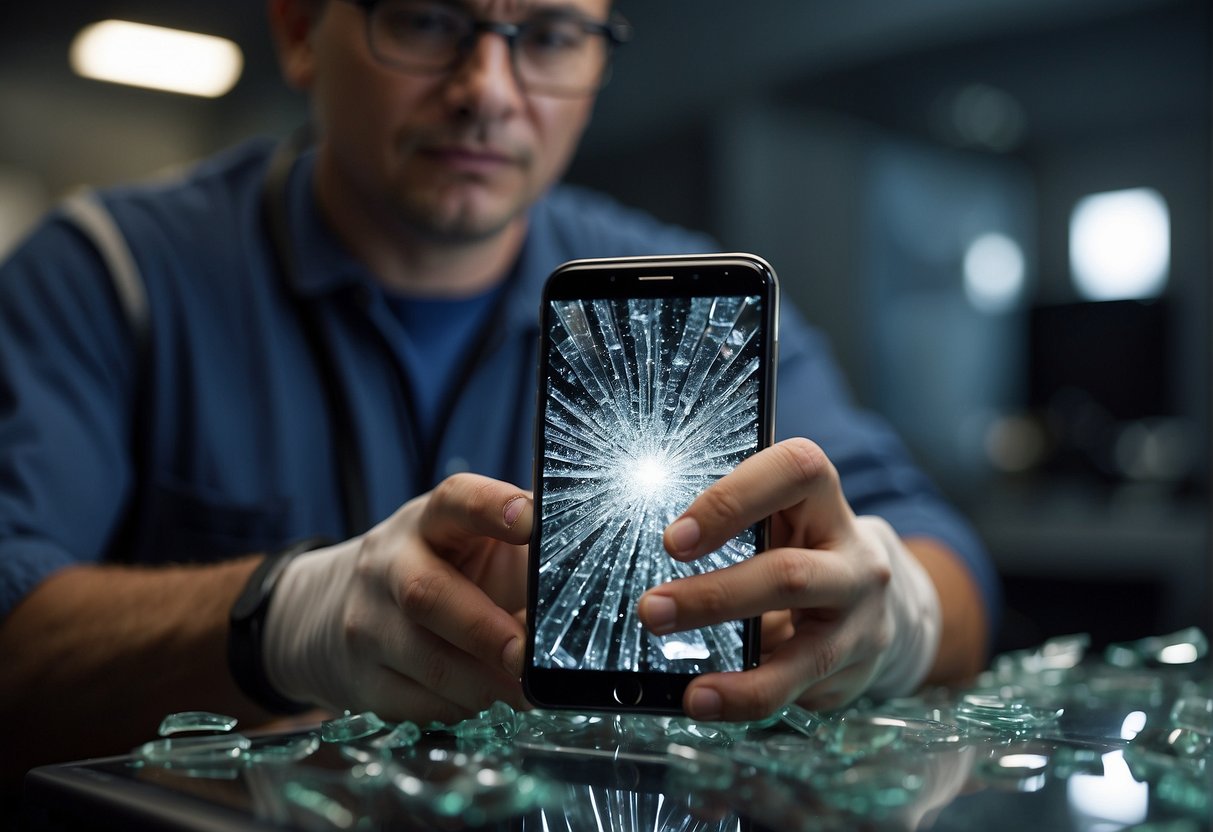A technician carefully removes the shattered glass from a smartphone, cleans the surface, applies adhesive, and carefully places a new piece of glass on the screen
