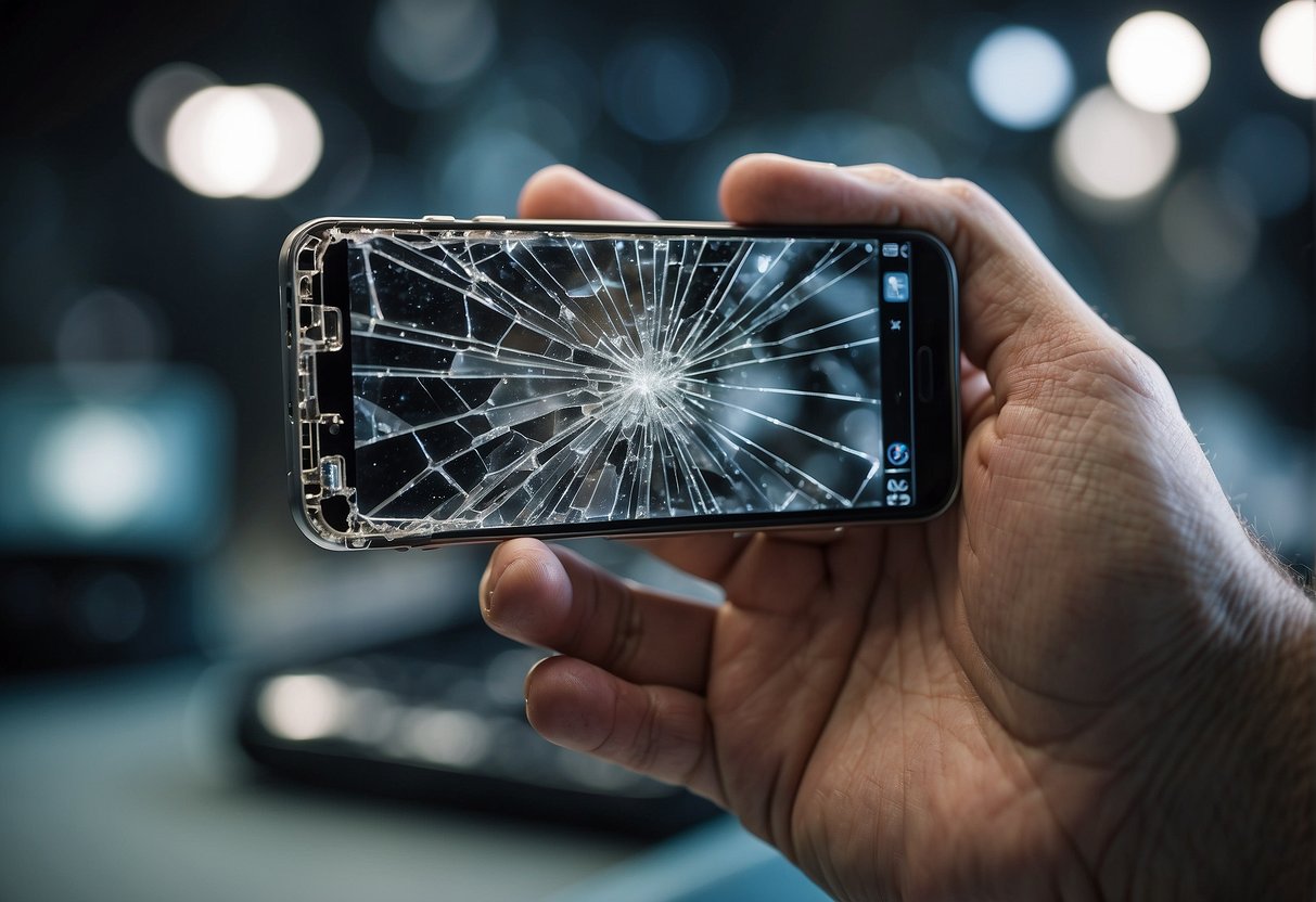 A hand holding a broken cellphone with shattered glass, next to a technician's toolkit and a new glass screen