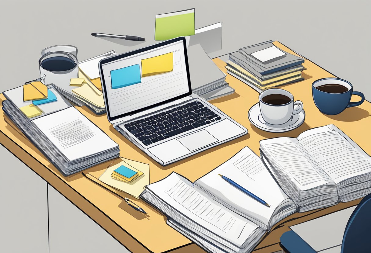 A busy desk with a laptop, stacked books, and a coffee cup.