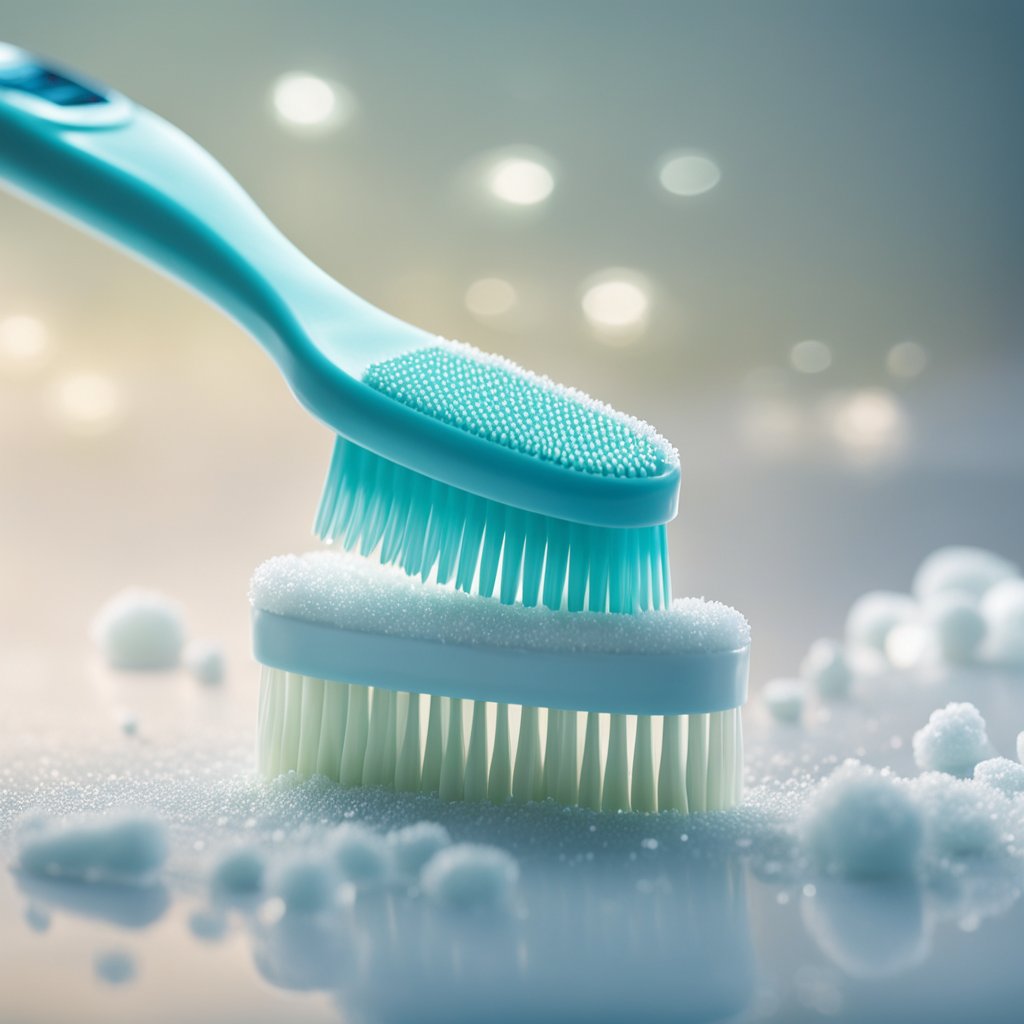 A toothbrush with bristles scrubbing a tooth, while toothpaste foams around it