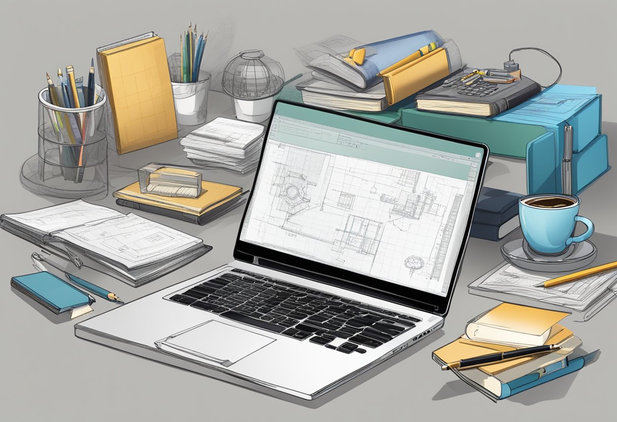 A table strewn with technical books, a laptop displaying engineering software, and a notebook filled with sketches and equations