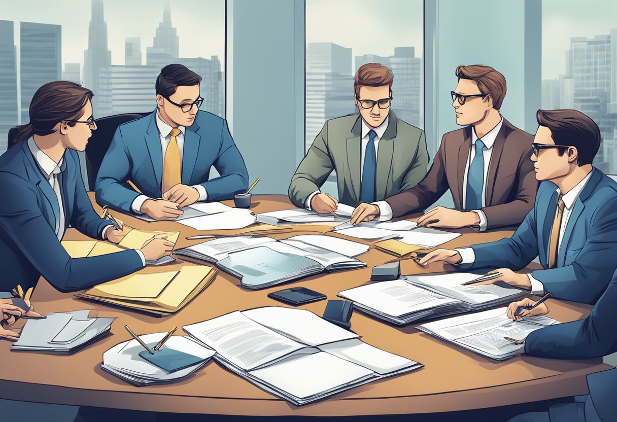 A group of professionals discussing terms and contracts in a boardroom setting, with documents and laptops spread out on the table