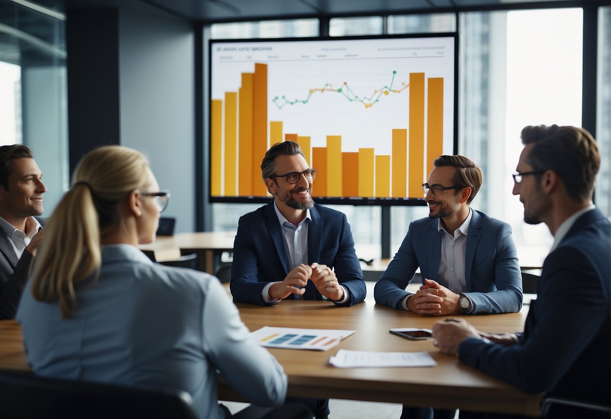 A group of investors discussing funding options for a startup in a modern office setting with charts and graphs displayed on a large screen