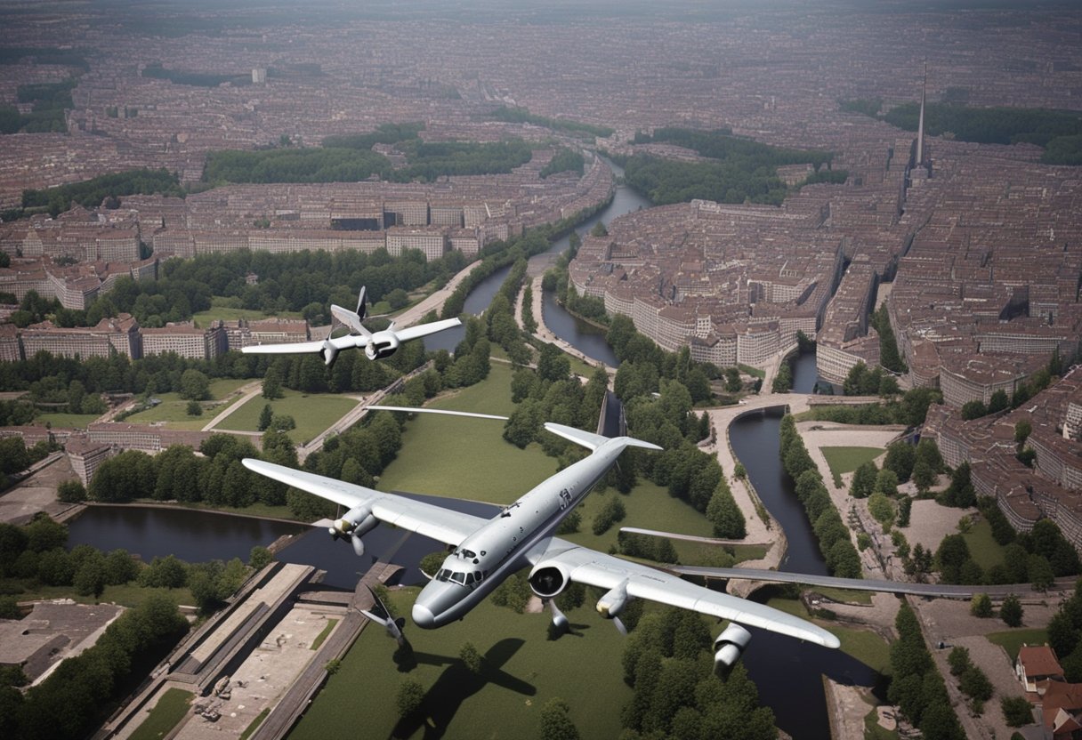 The Berlin Airlift shows planes flying over a divided city, delivering supplies to West Berlin, symbolizing resilience and international cooperation