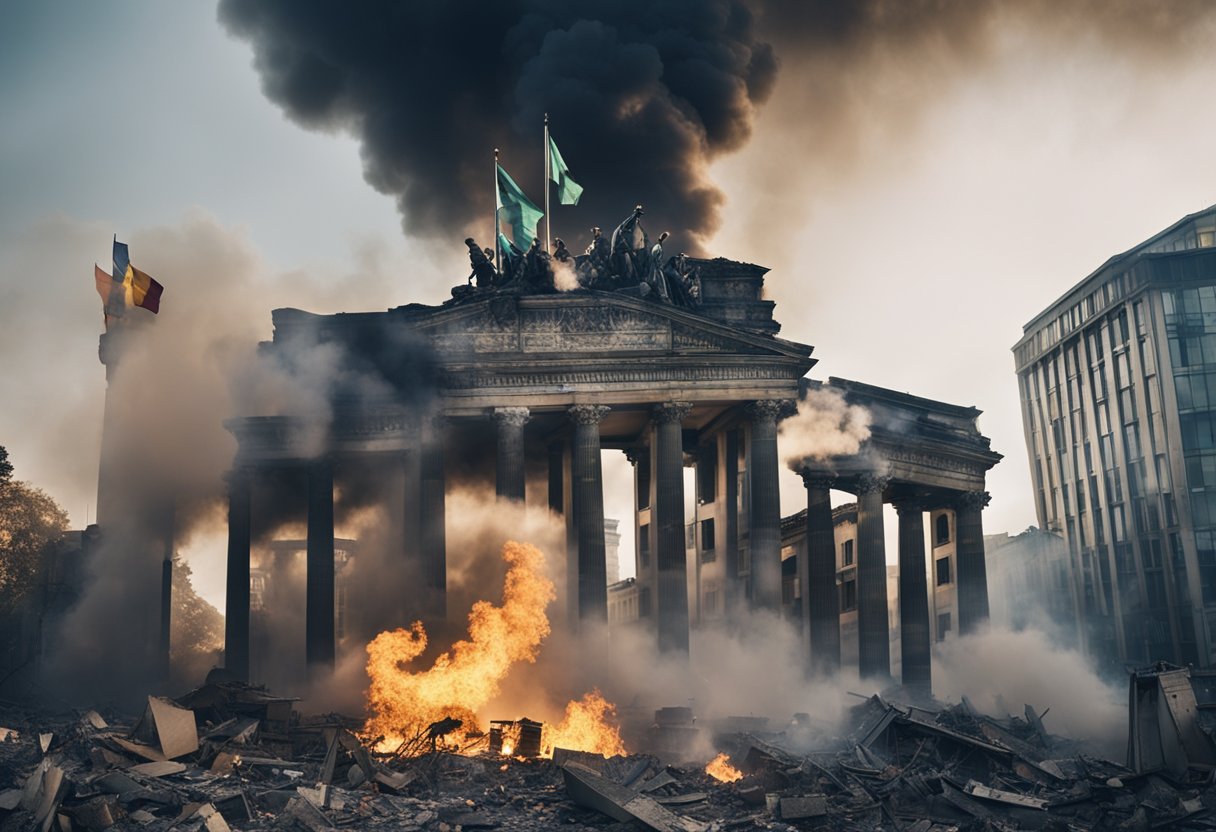 The city of Berlin lies in ruins, with smoke and fire engulfing the once grand buildings. German flags fly high as victorious soldiers celebrate their triumph