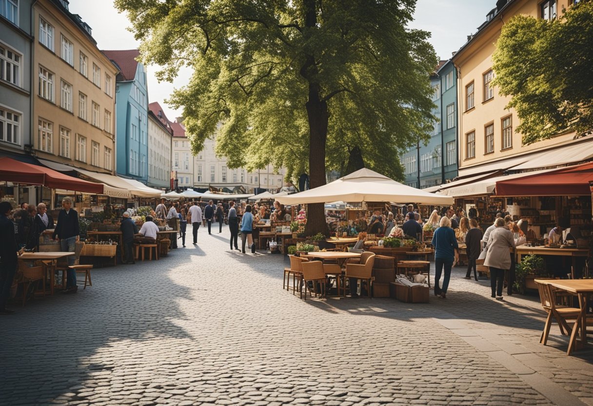 A bustling market square in a small town in Berlin, with colorful buildings, cobblestone streets, and locals chatting at outdoor cafes