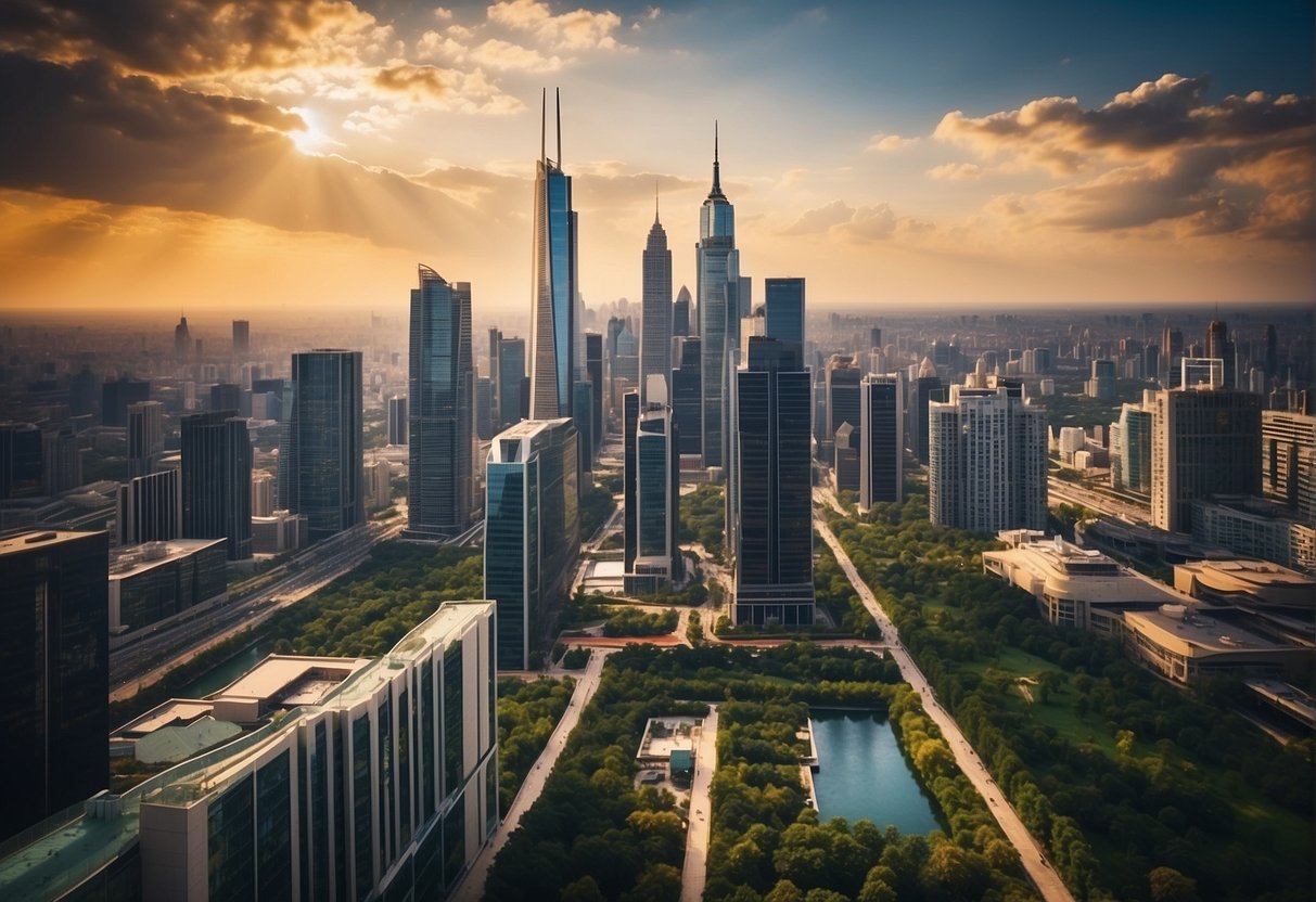 A bustling city skyline with various government buildings and financial institutions, surrounded by vibrant greenery and innovative technology hubs