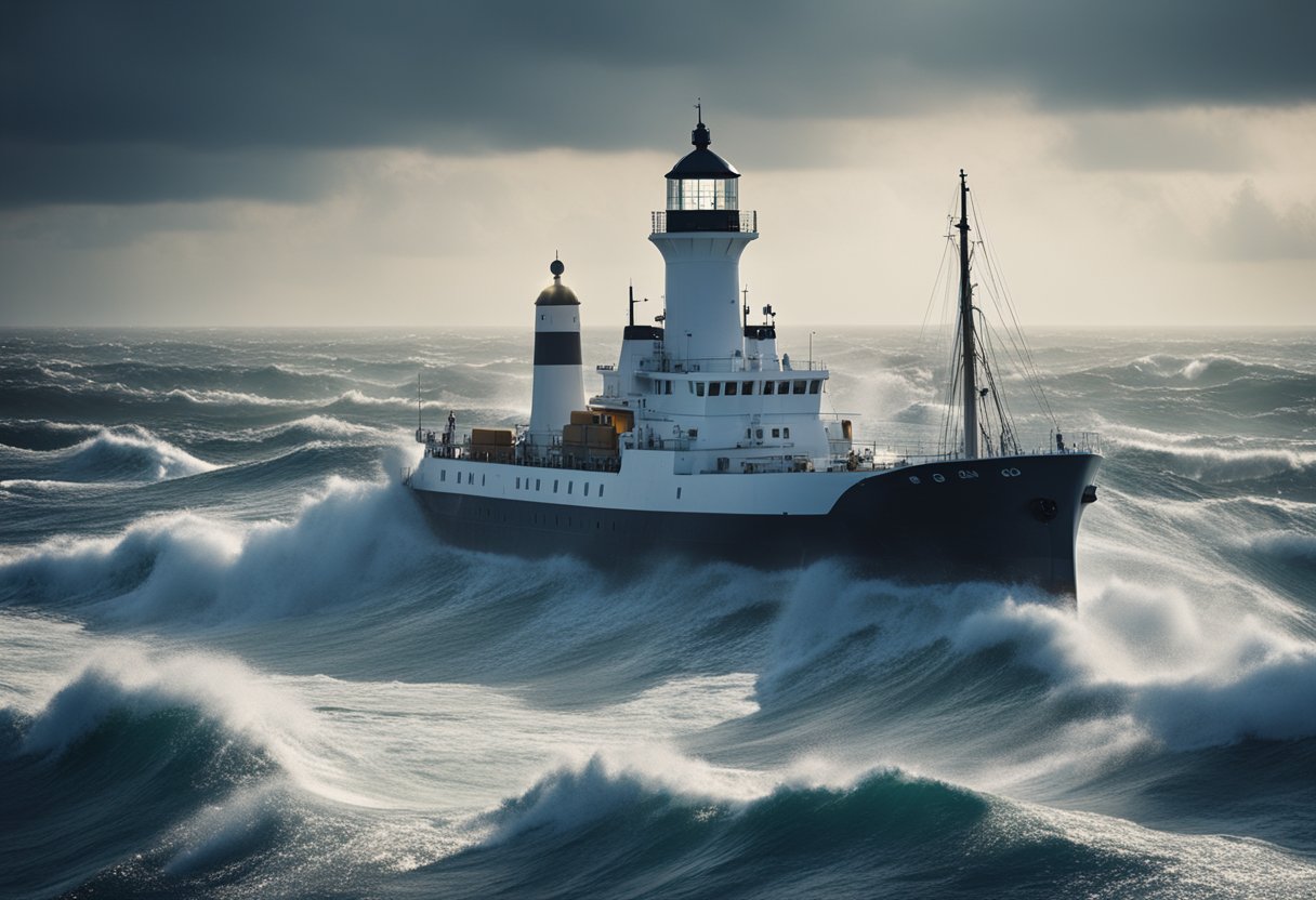 A ship navigating rough seas, with a lighthouse and legal documents in the background