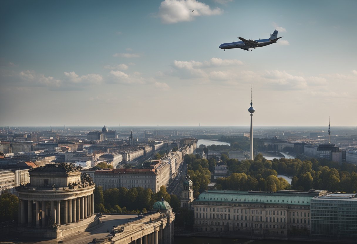 Flugzeuge fliegen über Berlin und werfen Nachschub ab. Die Menschen am Boden schauen zu. Ein Gefühl von Dringlichkeit und Entschlossenheit liegt in der Luft