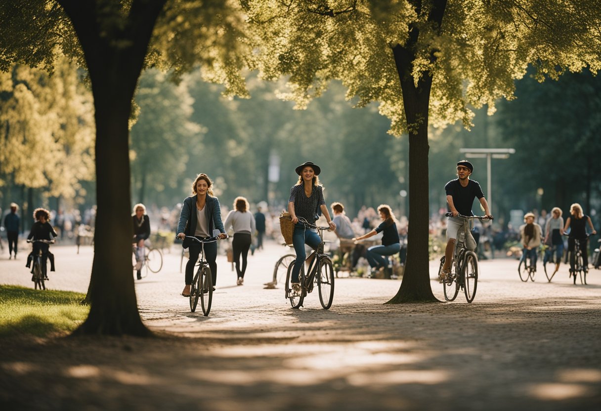 People riding bicycles, picnicking, and playing in parks in small towns in Berlin, Germany