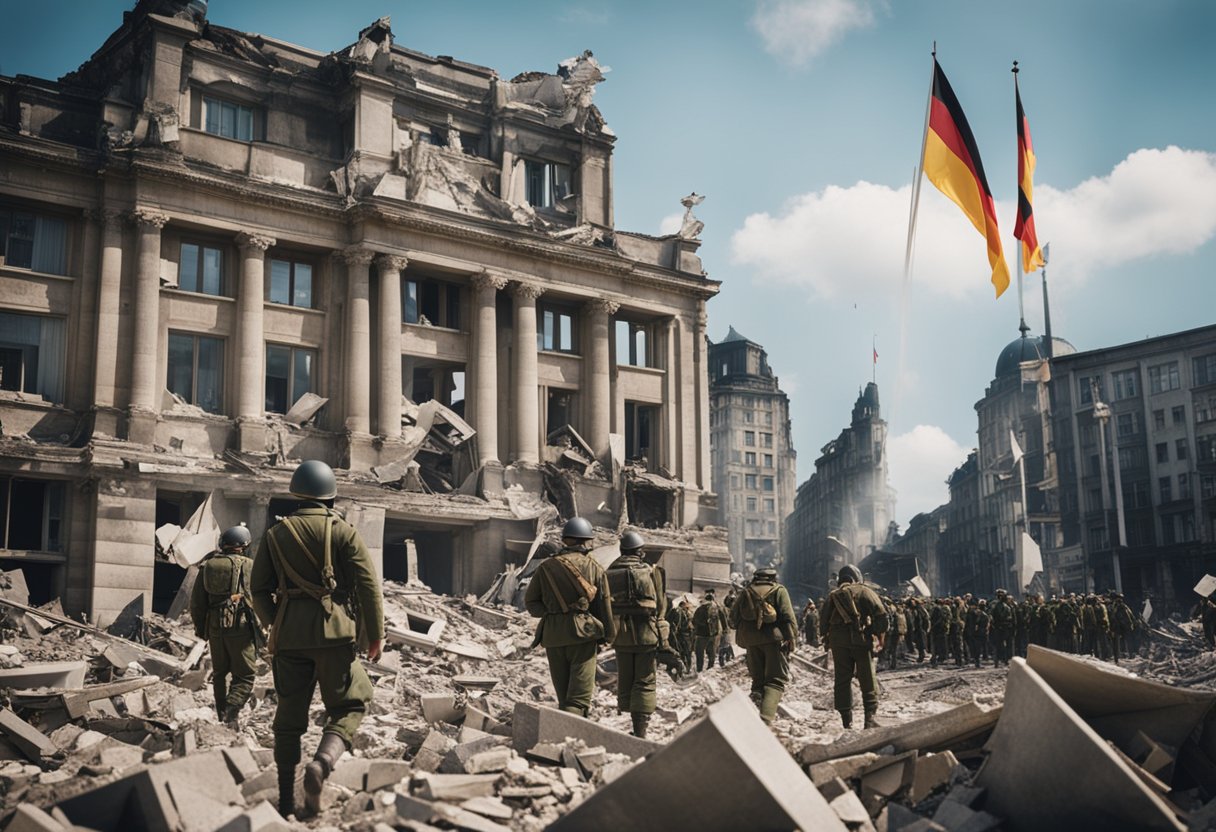 The rubble of Berlin lies in ruins, with German flags flying high and victorious soldiers celebrating their triumph